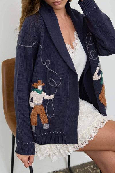 HOWDY COWBOY JACQUARD SHAWL COLLAR KNIT CARDIGAN