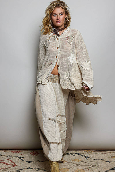 Floral Heart and Star Appliqué Crochet Lace Trim Cardigan