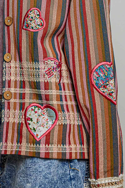 Mixed Striped Plaid Pattern Blocking Raw-Edge Trim Jacket