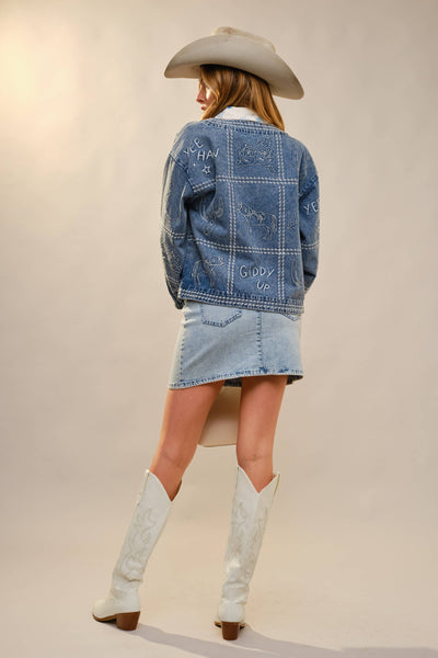 23883J Western Embroidery Puff Sleeve Denim Jacket