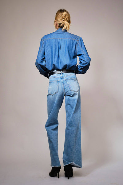 23612T - Tie Neck Hidden Button Chambray Blouse
