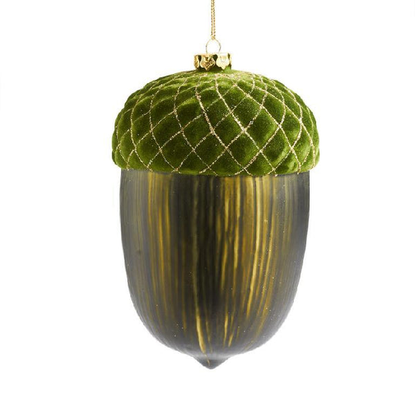 6 INCH GREEN GLASS ACORN ORNAMENT W/QUILTED VELVET TOP
