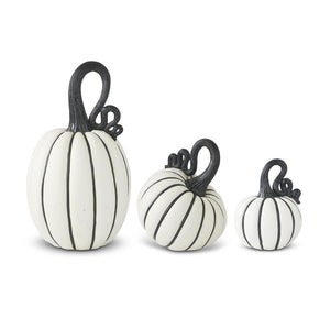 WHITE & BLACK STRIPED RESIN PUMPKINS W/CURLY STEMS 3 Size/Style Options