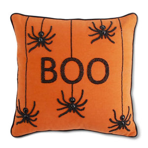 18 INCH ORANGE SQUARE BEADED BOO PILLOW W/SPIDERS