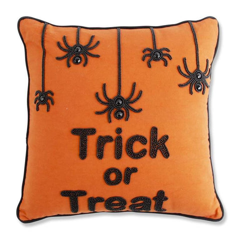 18 INCH ORANGE SQUARE BEADED TRICK OR TREAT PILLOW W/SPIDERS
