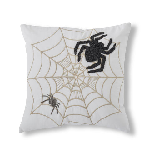 18 INCH WHITE HALLOWEEN PILLOW W/EMBROIDERED SPIDERS & WEB