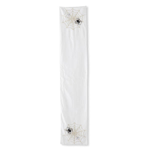 72 INCH WHITE HALLOWEEN TABLE RUNNER W/EMBROIDERED SPIDERS & WEB