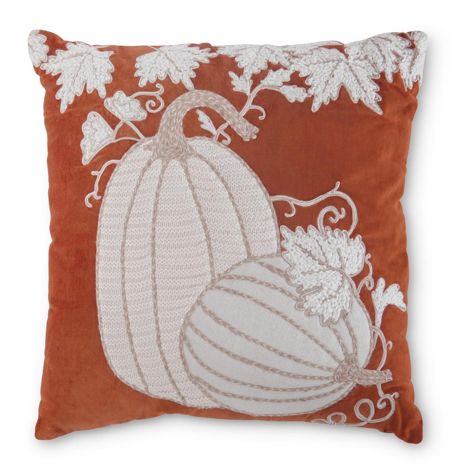 18 Inch Square Orange Velvet Pumpkin Embroidered Pillow