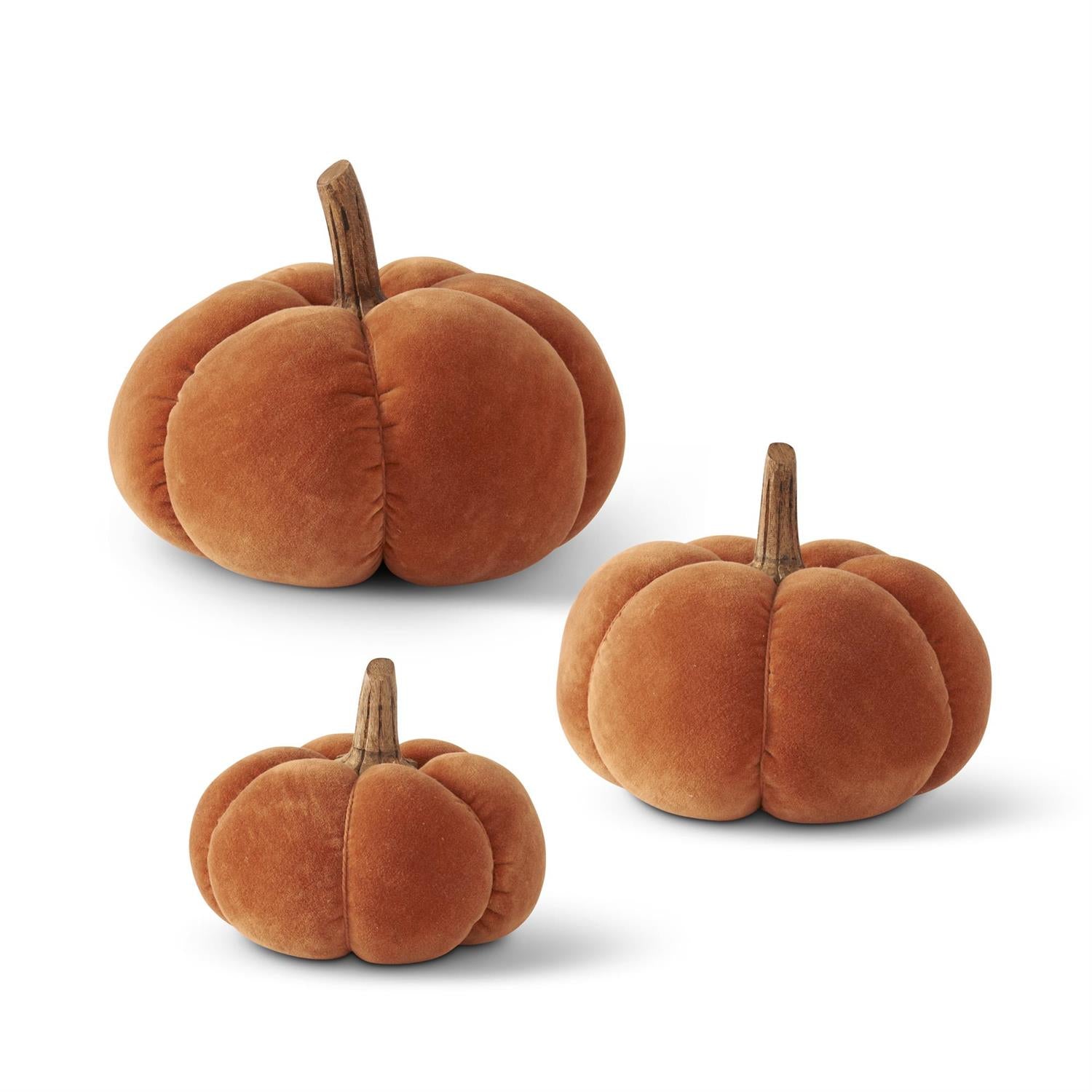 Set of 3 Rust Velvet Pumpkins w/Wood Stem - Thumbnail 2