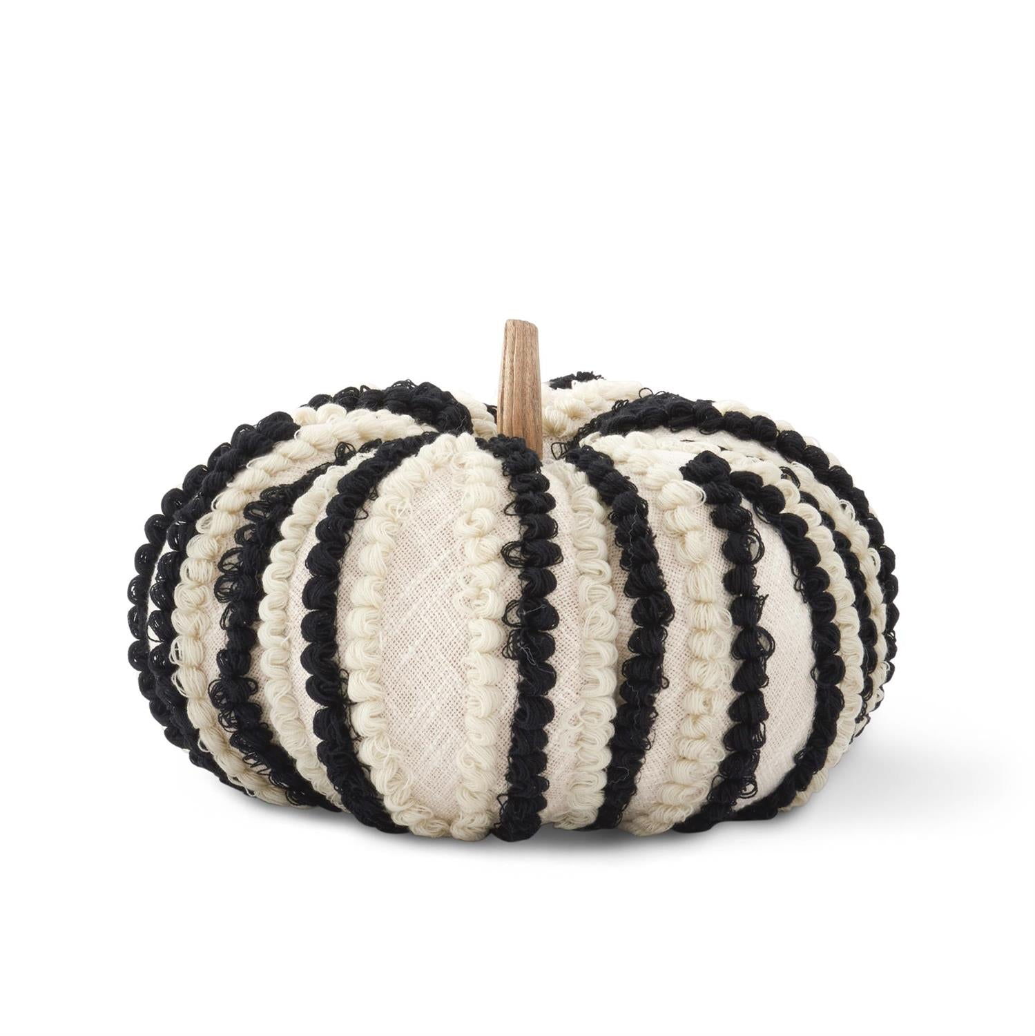 10.5 Inch Cream & Black Knit Vertical Striped Pumpkin w/Wood Stem
