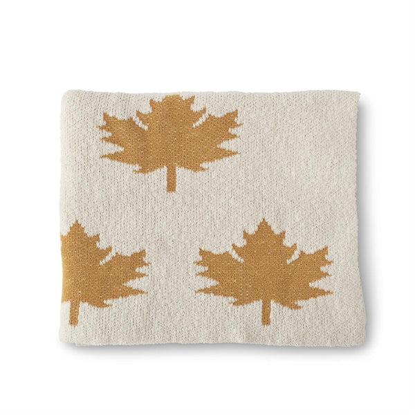 60 Inch Cream Cotton Knit Yellow Leaves Throw Blanket