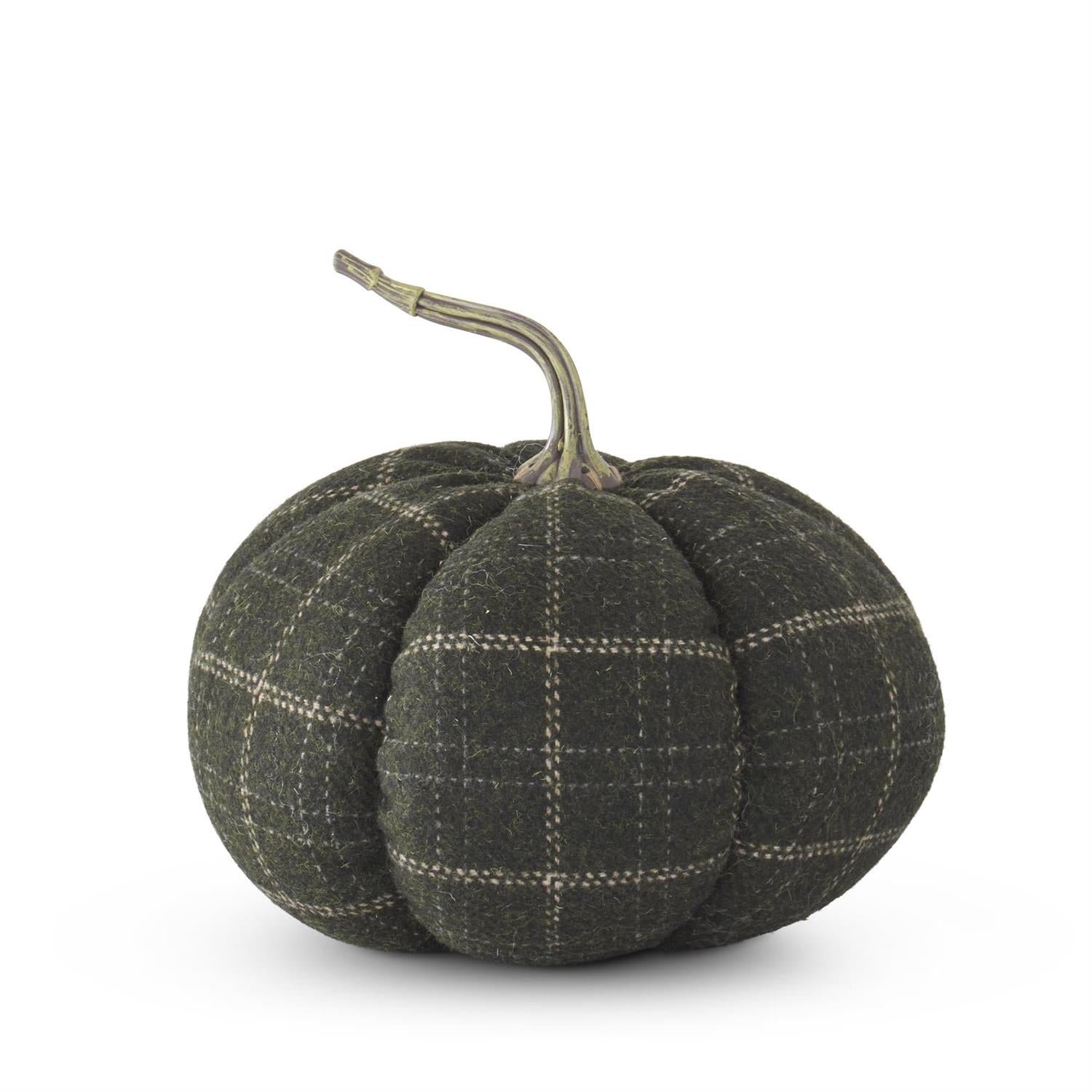 8 Inch Green & Tan Plaid Fabric Pumpkin