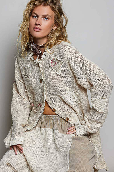 Floral Heart and Star Appliqué Crochet Lace Trim Cardigan