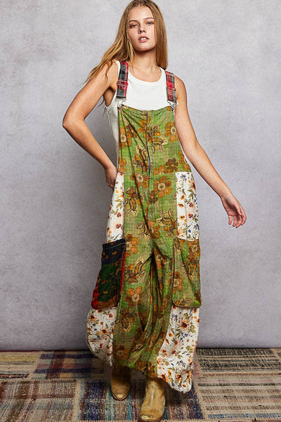 Boho Exaggerated Pocket Vintage Print Jogger Fit Overalls