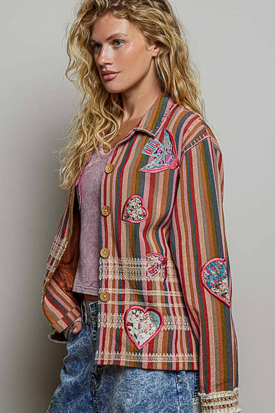 Mixed Striped Plaid Pattern Blocking Raw-Edge Trim Jacket