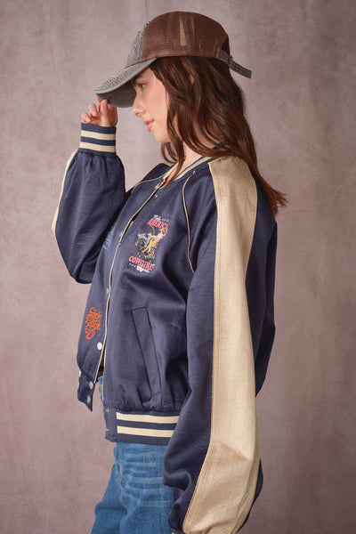 39044J Western Patch Satin Varsity Jacket