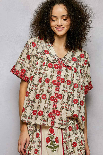 Floral Pattern V-Neck Short Sleeve Roomy Fit Top