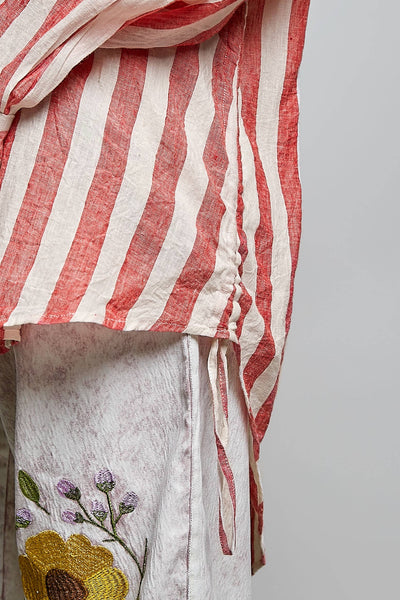 Linen Long Sleeve Side Slit Detail Stripe Shirt Top