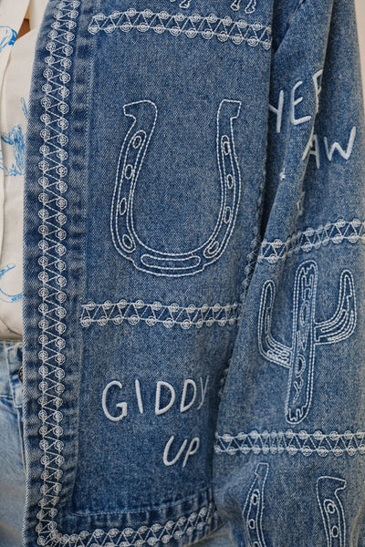 23883J Western Embroidery Puff Sleeve Denim Jacket