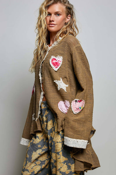 Floral Heart and Star Appliqué Crochet Lace Trim Cardigan