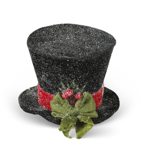 5.5 INCH SM BLACK SNOW GLITTERED TOP HAT W/RED RIBBON AND GREEN BOW