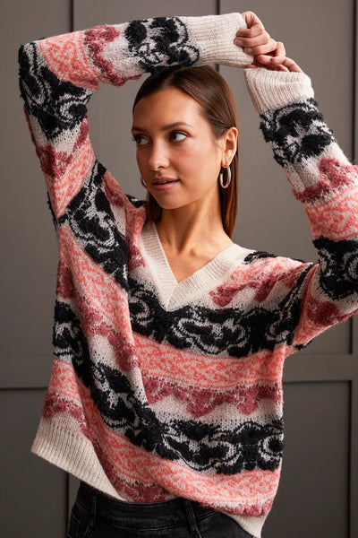 Tribal LOOPED YARN V-NECK SWEATER