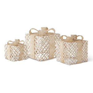 SNOWY BURLAP TWINE BOXES W/BOW 3 Size Options
