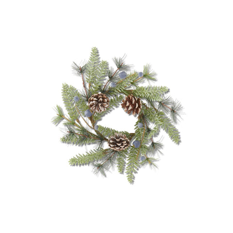 13 INCH FROSTED FIR PINE CANDLE RING W/PINECONES AND BLUEBERRIES