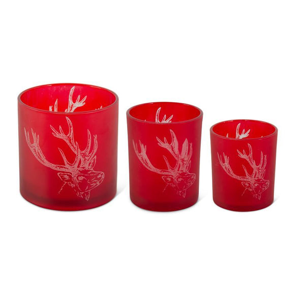 FROSTED RED GLASS CANDLEHOLDERS W/ETCHED DEER