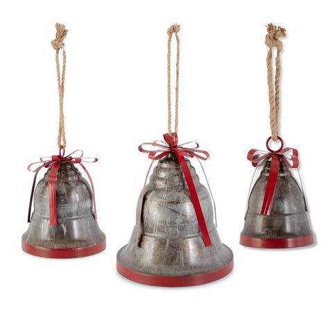 MARBLED DARK METAL BELLS W/RIBBED RED BOW 3 Size Options
