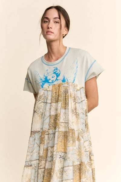 DD60097-ANGEL PRINTED FRENCH TERRY TOP BOTTOM MIDI DRESS