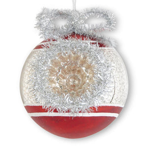 4 INCH RED & SILVER MERCURY GLASS OPEN FRONT ORNAMENT W/TINSEL
