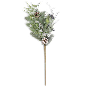 27 INCH GLITTERED MIXED PINE STEM W/PINECONE & BLUEBERRIES