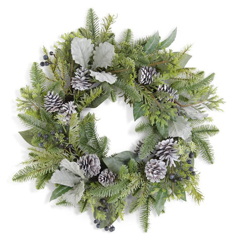 27 INCH MIXED PINE WREATH W/PINECONES LAMBS EAR & BLUEBERRIES
