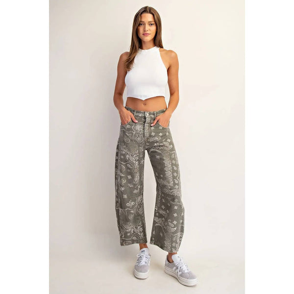 Mineral Washed Paisley Printed Jeans
