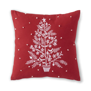 18 INCH SQUARE RED PILLOW W/WHITE EMBROIDERED CHRISTMAS TREE