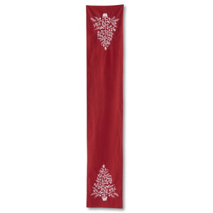 72 INCH RED TABLE RUNNER W/WHITE EMBROIDERED CHRISTMAS TREE