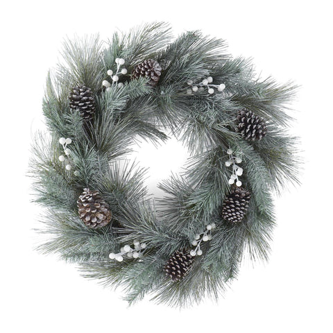 33 INCH FROSTED LONG NEEDLE PINE WREATH W/LARGE GRAY PINECONES & WHI