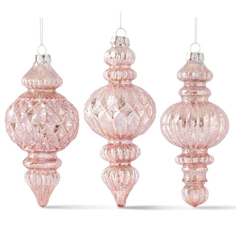 ASSORTED GLITTERED PINK MERCURY GLASS FINIAL ORNAMENTS 3 Style Options