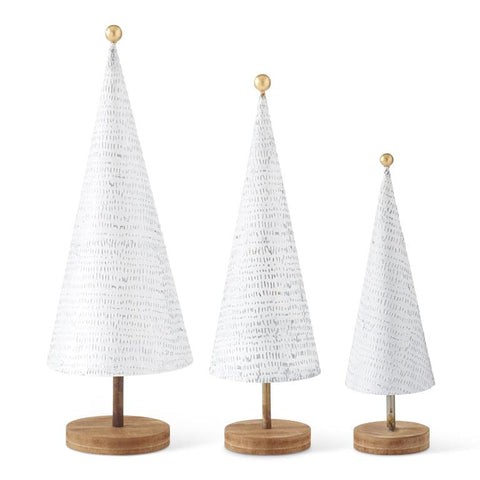 WHITE DISTRESSED METAL TREES ON WOOD BASE W/GOLD BALL TOPPER 3 Size Option