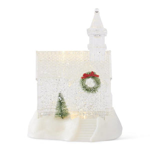 9 INCH CLEAR ACRYLIC WATER SPINNING LED CHURCH W/BOTTLE BRUSH TREE