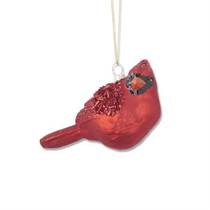 3 INCH RED GLITTERED & BEADED BLOWN GLASS CARDINAL ORNAMENT