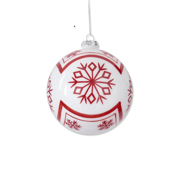 WHITE W/RED SNOWFLAKE GLASS ROUND ORNAMENT 3 style options