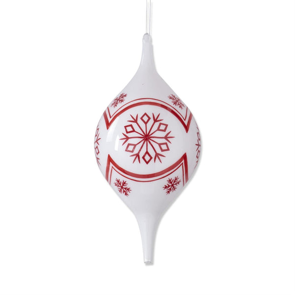 WHITE W/RED SNOWFLAKE GLASS ROUND ORNAMENT 3 style options