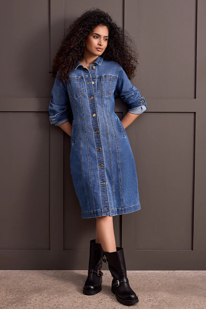 Tribal Long Fitted Denim Dress Jacket, Womens, Portblue, Size 10