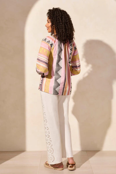 Tribal Long Sleeve Notch Neck Cotton Blouse