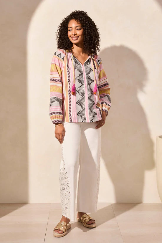 Tribal Long Sleeve Notch Neck Cotton Blouse