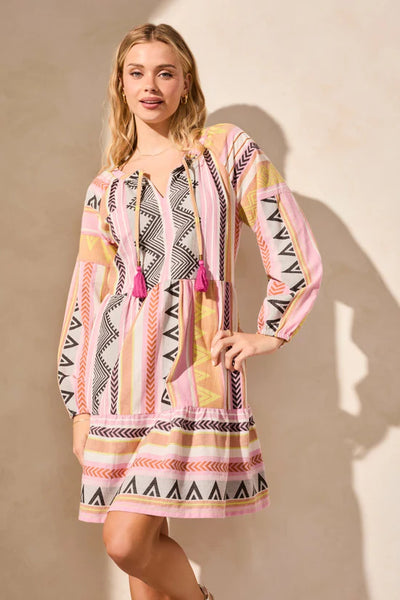 Tribal Long Sleeve Notch Neck Cotton Blouse