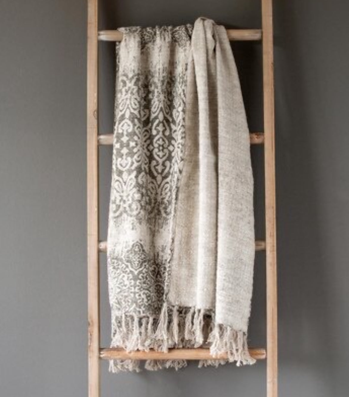 Vintage Printed Linen Throw, Soft Grey