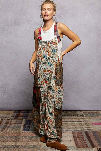 Boho Exaggerated Pocket Vintage Print Jogger Fit Overalls